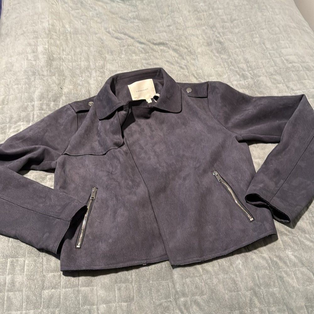 Anthropologie Jacket, Blazer, Suede, Gray, Blue, Open Front, Pockets, Size M